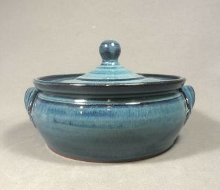 North Carolina Art Pottery Owens Blue Glaze Covered Bowl
