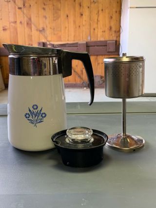 Vintage Corning Ware 6 Cup Coffee Pot Blue Corn Flower Tall Stove Top Perculator