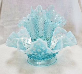 Fenton Epergne Art Glass Blue Opalescent Hobnail Three Horned Ruffled Vase Good