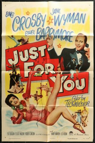 Just For You Bing Crosby Jane Wyman 1952 One Sheet Movie Poster 27 X 41