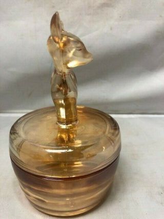 Vintage Carnival Glass Marigold Deer Dresser Powder Jar Trinket Jeannette Glass 2