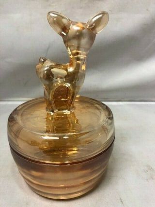 Vintage Carnival Glass Marigold Deer Dresser Powder Jar Trinket Jeannette Glass 3