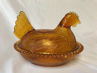 Vintage Indiana Glass Nesting Hen Candy Dish Chicken Amber