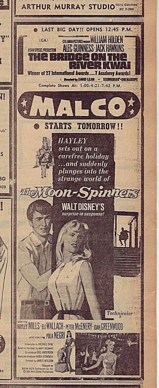 1964 Newspaper Ad For Disney Movie " The Moon - Spinners " - Hayley Mills,  P.  Mcenery
