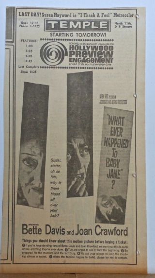 1962 Newspaper Ad For Movie What Ever Happened To Baby Jane? - Davis & Crawford