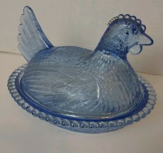 Vintage Indiana Glass Hen On Nest 7 " Light Blue Candy Butter Nut Dish Euc