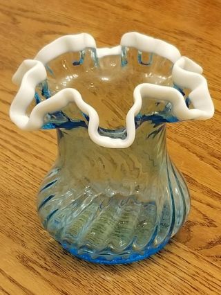 Vintage Fenton Glass Aqua Blue With White Ruffled Edge Vase