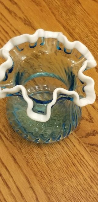 Vintage Fenton Glass Aqua Blue with White Ruffled Edge Vase 2