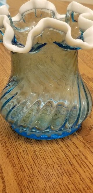 Vintage Fenton Glass Aqua Blue with White Ruffled Edge Vase 3