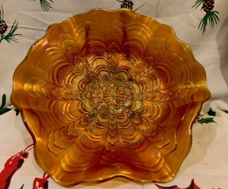 Vintage 10’5 " Fenton Carnival Glass Bowl Peacock & Grapes Fluted Ruffled Nr Big