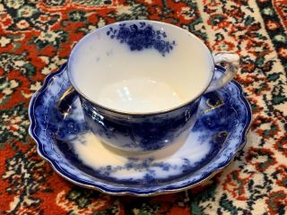 Henry Alcock Flow Blue Semi Porcelain Tea Coffee Cup & Saucer Set Gold Trim Euc