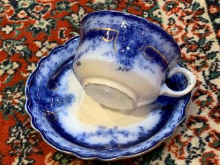 HENRY ALCOCK FLOW BLUE SEMI PORCELAIN TEA COFFEE CUP & SAUCER SET GOLD TRIM EUC 2