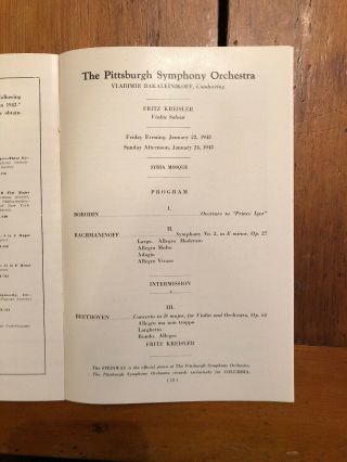 Concert Program Violinist Fritz Kreisler 1943 Beethoven Pittsburgh