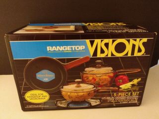 1990 Nib Corning Visions Range Top Cookware 5 Piece Starter Set Amber V - 168 - R