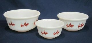 Vintage Set Of 3 Hazel Atlas Red Rooster Milk Glass Nesting Mixing Bowls 5,  6,  7 "