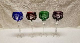 4 Ajka Marsala Cut To Clear Hock Wine Goblets 8 1/4 Blue Red Green Purple
