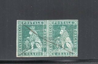 1851 Italy Tuscany Sa 6,  4cr Lion Pair On Grey Paper,  Cv $1325.  00
