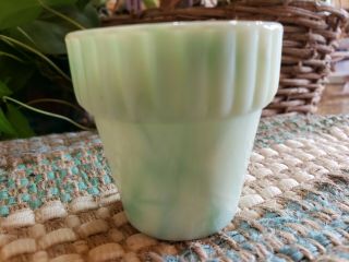 Vintage Akro Agate Flower Pot 2.  25 " Slag Glass Green,  White Ribbed Edge Jadeite