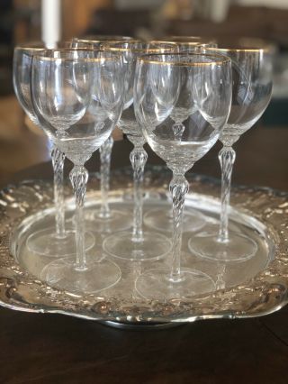 Set Of 7 Lenox 8 1/2” Monroe Crystal Wine Goblets Gold Rim Twisted Stem Signed