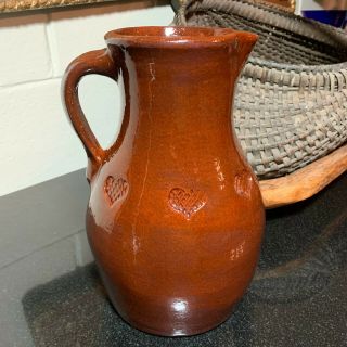 Ned Foltz Pottery 9 1/4 " Heart Embossed Redware Pitcher 1982 Signed