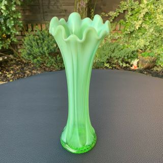 Antique Fenton Green Opalescent Glass Posy Bud Vase Swung Stretch Strips 11 "