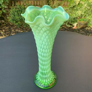 Antique Fenton Green Opalescent Hobnail Glass Posy Bud Vase Swung Stretch 11 "