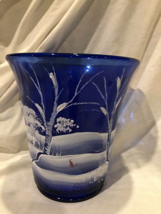 Fenton Hand Painted Christmas Canaan Valley On Cobalt Winter Scene 7.  5” Vase