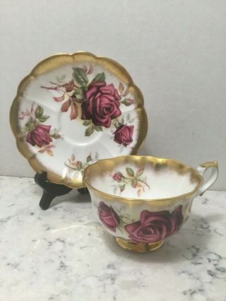 Royal Albert Heavy Gold Crest Series Large Roses Wide Mouth Cup & Saucer England