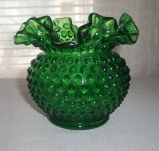 Vintage Fenton Emerald Green Hobnail Ruffled Edge Vase