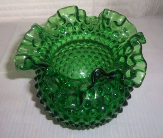 Vintage Fenton Emerald Green Hobnail Ruffled Edge Vase 2