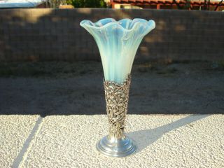 Victorian Vaseline / Uranium Opalescent Glass Silver Epergne Vase Museum Quality