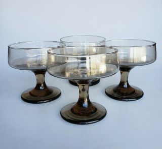 Libbey Tawny Accent Champagne Sherbet Set Of 4 Vintage Mod 1970s Smoked Glass