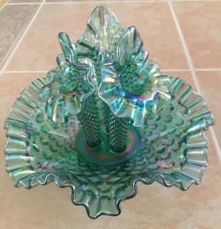 Fenton Epergne Hobnail Opalescent Blue Green Glass 3 Horn Vase Handmade Sticker