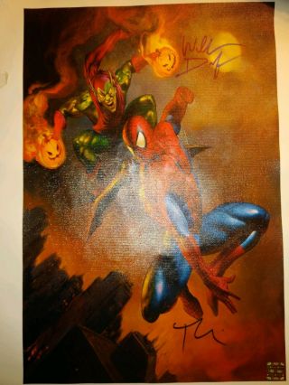 Tobey Maguire Signed Canvas Giclee Willem Dafoe As The Green Goblin 16 X 24 Inch