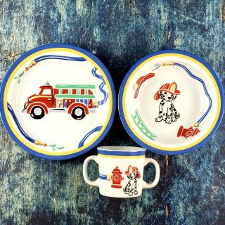 Tiffany Co Fire Station 3 Piece Childs Set Plate Bowl Cup Dalmatian Truck 2005