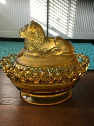 Imperial Glass Amber Lion Lidded Dish Lace Edge Pat Aug 6 1889