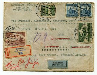 Czechoslovakia 1936 Registered Airmail Cover To Kenya Via Greece / Egypt / Sudan