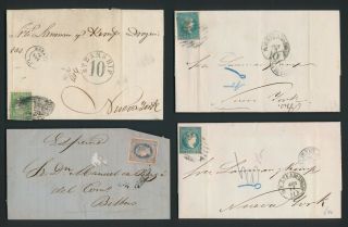 Spanish West Indies 1860 - 1870 4 Covers To York & Balboa,  Markings
