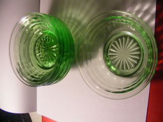 Set Of 6 Vintage Green Depression Uranium Glass Block Optic Berry Bowls