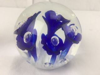 Joe St.  Clair Cobalt Blue White Bubble Floral Paperweight Marked 3 "
