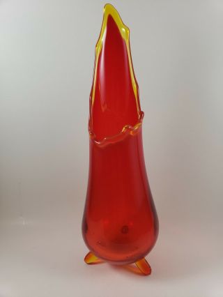 Mod Red Hand Blown Art Glass Vase With Yellow/gold Fluted Edge - Stunning Piece