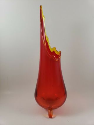 MOD RED HAND BLOWN ART GLASS VASE WITH YELLOW/GOLD FLUTED EDGE - STUNNING PIECE 3