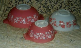 3 Vintage Pink White Pyrex Gooseberry Cinderella Nesting Bowls 441 442 & 443