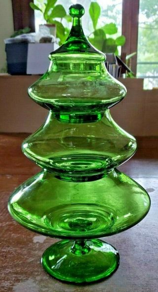 Vintage Empoli Glass Green 4 Piece Stacking Christmas Tree Candy Dish 12.  5 " Tall
