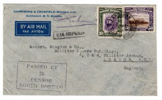 1940 (jan) North Borneo To Gb Censored Airmail Cover.