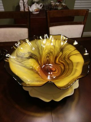 Art Glass - Yellow And Brown Swirl Bowl.  Dan Bergsma.  Signed,  146a Pilchuck Studio