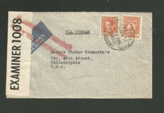 1941 Iraq Wartime Censored Air Cover To Us Via Durban South Africa