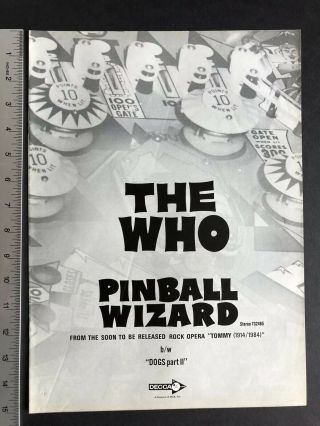 The Who 1969 11x14.  5 Hit Single “pinball Wizard” Promo Ad
