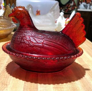 Indiana Glass Hen On Nest Red