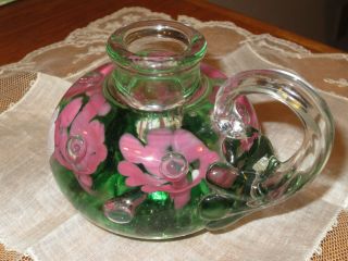Vint.  Joe St.  Clair Pink Green Floral Controlled Bubble Paperweight Candlestick